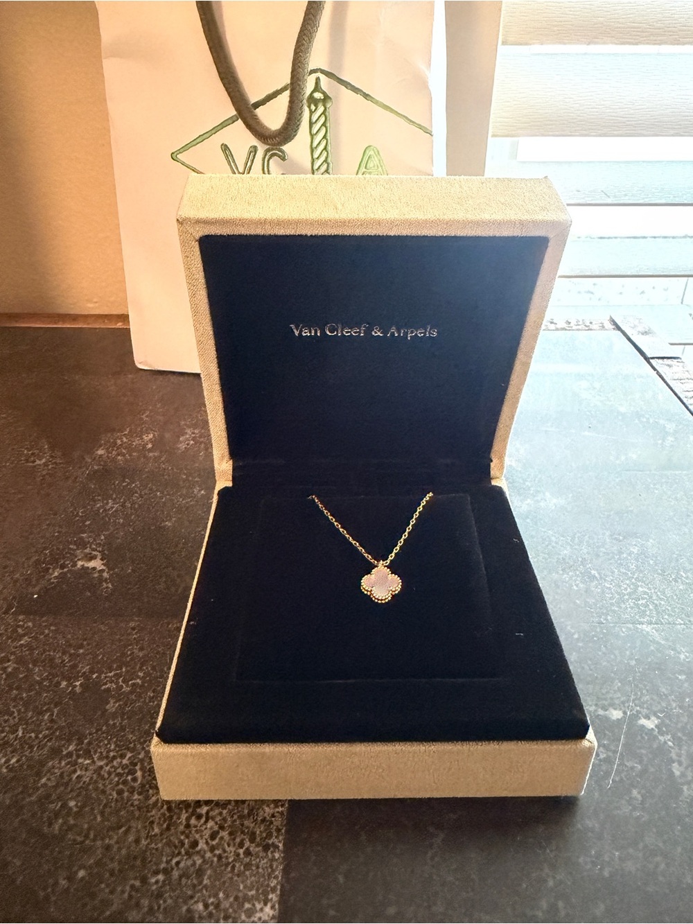 Van Cleef & Arpels Gold Necklace with Pink Alhambra Motif